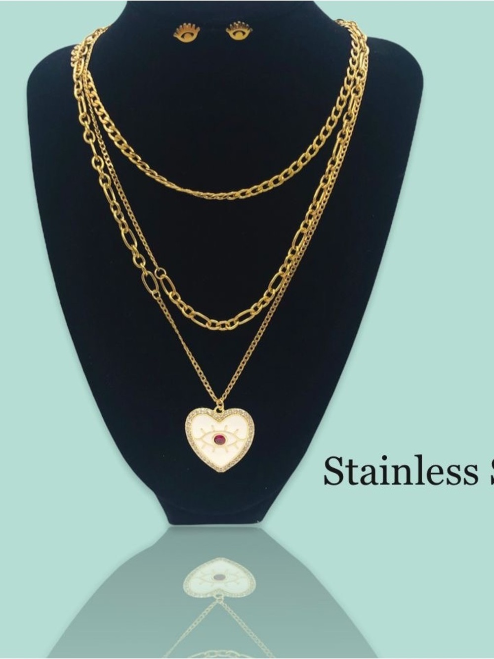Gold 3 Layered Evil Eye Heart white enamel Pendant Necklace Set with Eye Studs